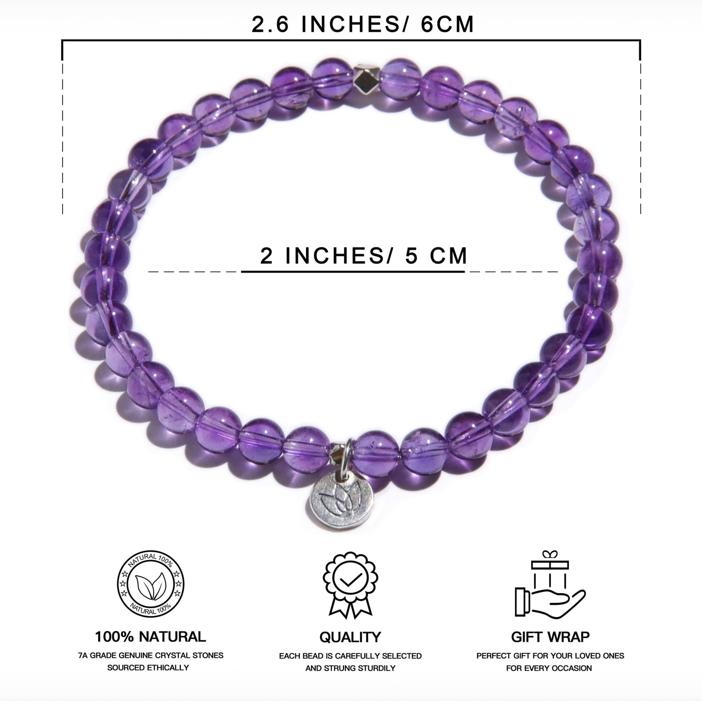 Natural AAA-Grade Crystal Gemstone Beaded Bracelet 5mm (0.2'') beads | 925 Sterling Silver Lotus Charm | Healing Energy Charged Quartz Stone Bead | Stackable Stretch String Bracelet for Women Girl